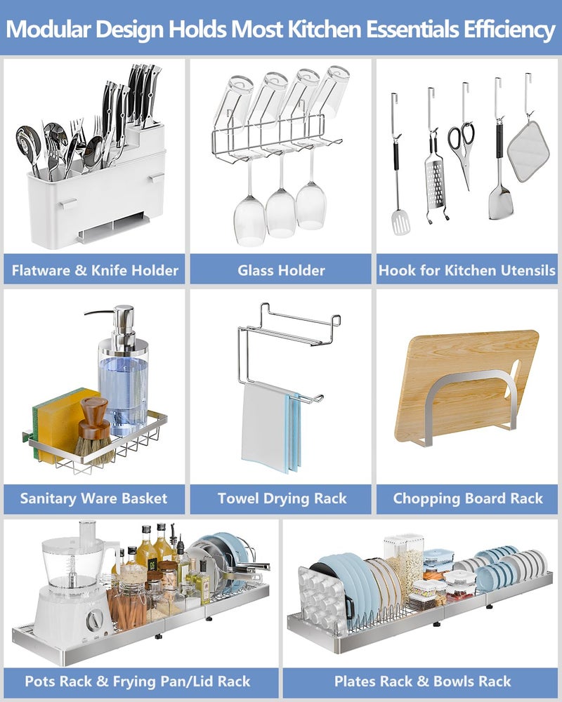 LIONONLY 3 Tier Extra Large Over The Sink Dish Drying Rack, Expandable Stainless Steel Dish Drainer with Multifunctional Organizer, Space-Saving Above Sink Dish Rack with Large Capacity for Kitchen Counter - Image 4