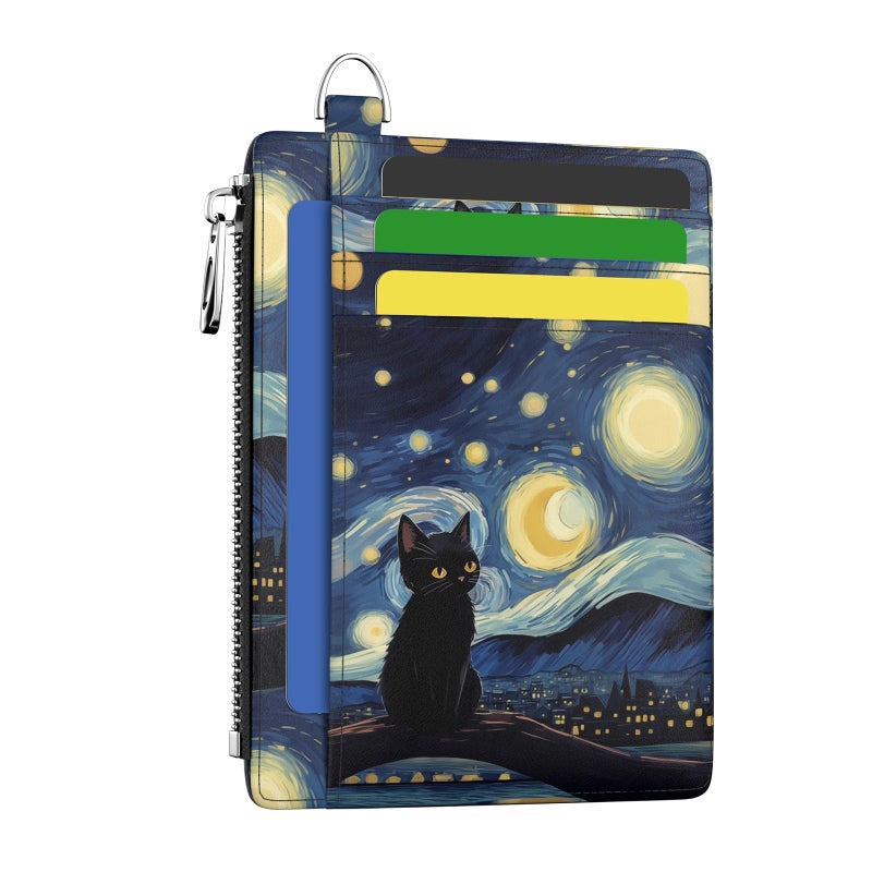Hancynir Slim Wallet Women Credit Card Holder Black Cat Starry Night RFID Small Mini Card Case Front Pocket PU Leather Thin Travel Zipper Coin Cash ID Window Girls Wallet Gifts - Image 1