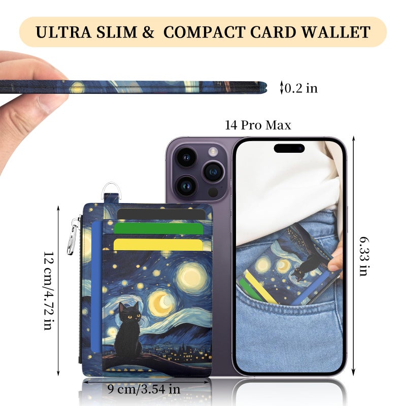 Hancynir Slim Wallet Women Credit Card Holder Black Cat Starry Night RFID Small Mini Card Case Front Pocket PU Leather Thin Travel Zipper Coin Cash ID Window Girls Wallet Gifts - Image 2