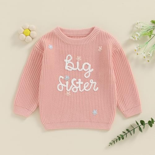Amnnchya Toddler Infant Baby Girl Knit Sweater Big Sister Little Sister Matching Outfits Long Sleeve Pullover Sweatshirt (Pink, 18-24 Months) - Image 2