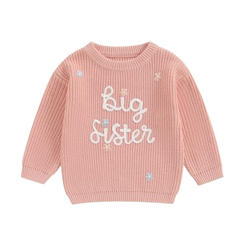 Amnnchya Toddler Infant Baby Girl Knit Sweater Big Sister Little Sister Matching Outfits Long Sleeve Pullover Sweatshirt (Pink, 18-24 Months) - Image 1