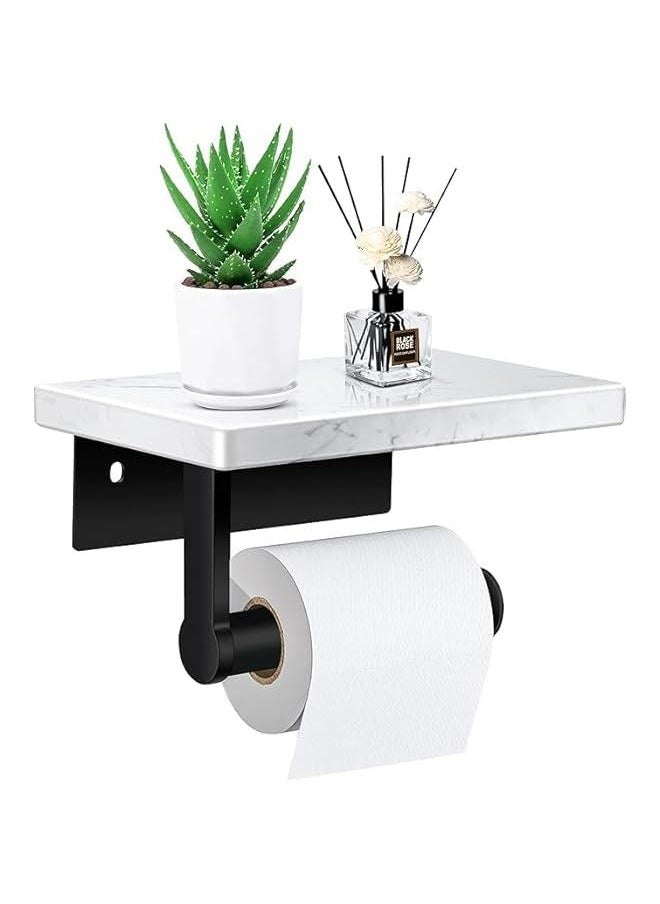 HOOKOR - Toilet Paper Holder with Marble Shelf, Wall Mounted Tissue Roll Holder for Bathroom Washroom, 304 Stainless Steel Matte Black - Image 1