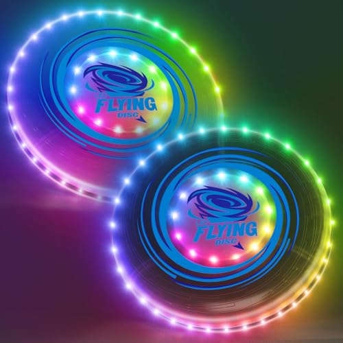 HYES 2 Pack Light up Flying Discs for Kids 45 LEDs 14 Lighting Modes Rechargeable Glow in The Dark Flying Ring for Beach Camping Outdoor Game Sport Toys for Teens Boys Adult - Image 1