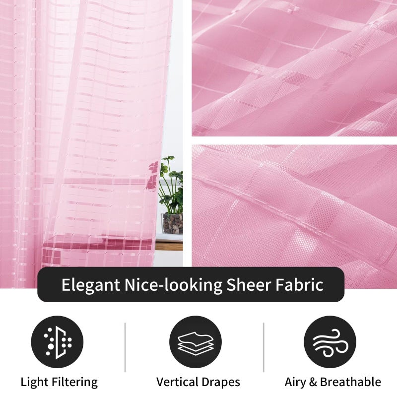 SpaceDresser Check Sheer Curtains 84 Inches 2 Panels Set, Rod Pocket Plaid Window Curtain for Living Room, Pink Semi Sheer Drapes for Kitchen Bedroom Children Room Yard（Pink, 52W x 84L） - Image 5