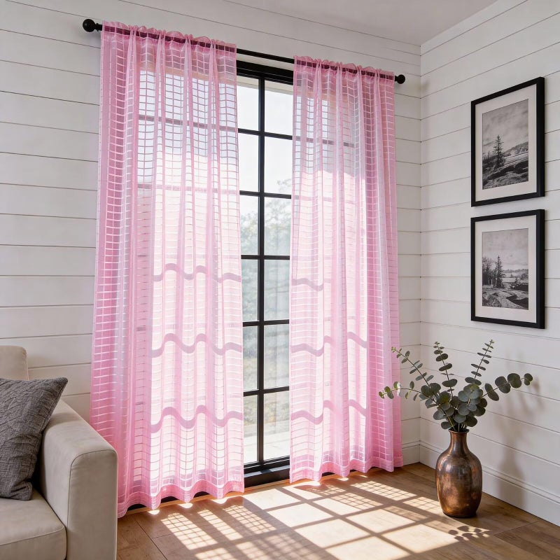 SpaceDresser Check Sheer Curtains 84 Inches 2 Panels Set, Rod Pocket Plaid Window Curtain for Living Room, Pink Semi Sheer Drapes for Kitchen Bedroom Children Room Yard（Pink, 52W x 84L） - Image 4
