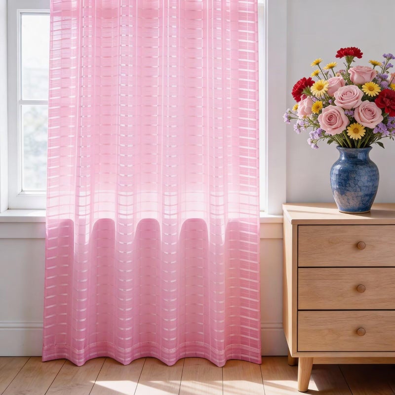 SpaceDresser Check Sheer Curtains 84 Inches 2 Panels Set, Rod Pocket Plaid Window Curtain for Living Room, Pink Semi Sheer Drapes for Kitchen Bedroom Children Room Yard（Pink, 52W x 84L） - Image 3