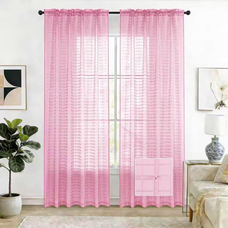 SpaceDresser Check Sheer Curtains 84 Inches 2 Panels Set, Rod Pocket Plaid Window Curtain for Living Room, Pink Semi Sheer Drapes for Kitchen Bedroom Children Room Yard（Pink, 52W x 84L） - Image 1