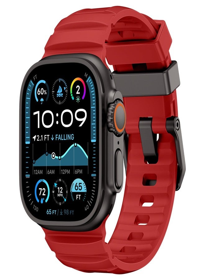 NewWays Sports Rugged Silicone Rubber Band for Apple Watch Ultra 3 2 49mm Series11 10 46mm 45mm 44mm, Rocky Point Band for iWatch Ultra Series 11 10 9 8 7 6 5 4 SE, Red with Black Hardware - Image 1