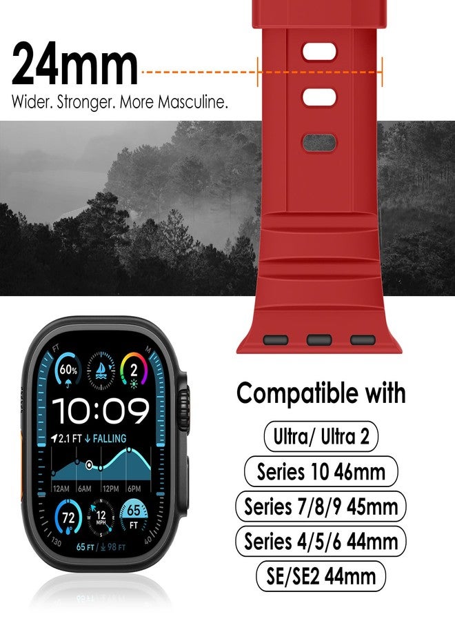 NewWays Sports Rugged Silicone Rubber Band for Apple Watch Ultra 3 2 49mm Series11 10 46mm 45mm 44mm, Rocky Point Band for iWatch Ultra Series 11 10 9 8 7 6 5 4 SE, Red with Black Hardware - Image 2