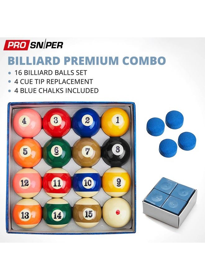 Prosniper Billiard Balls - 16 Premium Pool Ball Set Including 4X Cue Tips and 4X Blue Chalk I 6 oz & 2.25 inches I Pool Table Accessories for Beginners & Professionals I Made of Pure Resin - Image 2