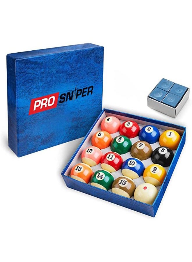 Prosniper Billiard Balls - 16 Premium Pool Ball Set Including 4X Cue Tips and 4X Blue Chalk I 6 oz & 2.25 inches I Pool Table Accessories for Beginners & Professionals I Made of Pure Resin - Image 1