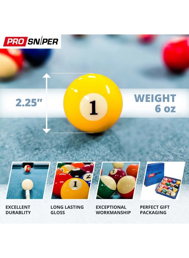 Prosniper Billiard Balls - 16 Premium Pool Ball Set Including 4X Cue Tips and 4X Blue Chalk I 6 oz & 2.25 inches I Pool Table Accessories for Beginners & Professionals I Made of Pure Resin - Image 3
