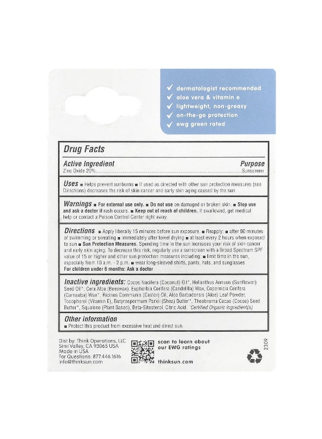 think! think, Sport®, Zinc Oxide 20% Sunscreen Stick, SPF 30, Fragrance Free, 0.64 oz (18.4 g) - Image 3