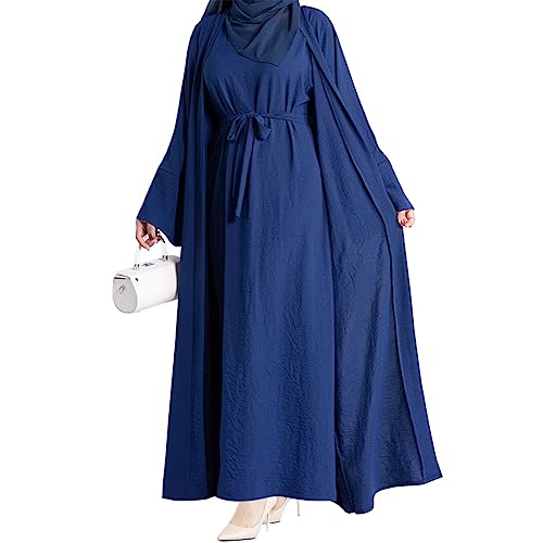 khalat 2PCS Women's Muslim Dresses Abaya Islamic Dubai Prayer Dress Robe Long Cardigan Maxi Dress Navy - Image 1