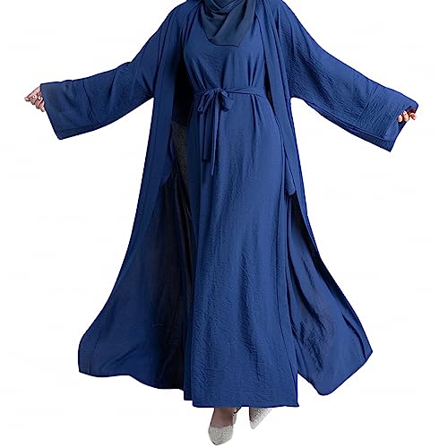 khalat 2PCS Women's Muslim Dresses Abaya Islamic Dubai Prayer Dress Robe Long Cardigan Maxi Dress Navy - Image 2