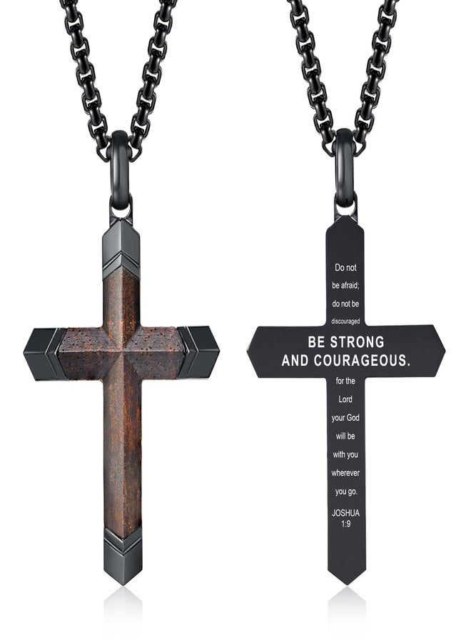 FLHEART Wooden Cross Bible Verse Necklace for Men, Hawaiian Handmade Real Black Ebony Wood Cross Pendant Stainless Steel Chain, Mens Cross Necklaces Koa Wood Jewelry Christian Baptism Easter Gifts - Image 1