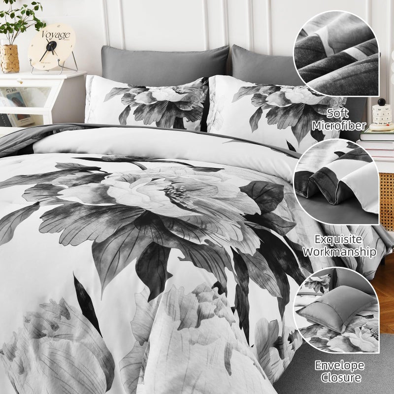 Dobuyly Grey Comforter Set King 7 Piece Bed in a Bag, Gray Floral Printed on White Comforter Set with Sheets, Soft Microfiber Botanical Farmhouse Bedding Set for All Season - Image 4