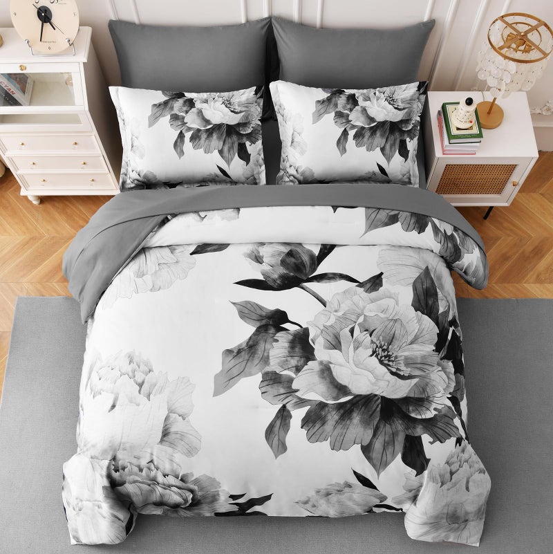 Dobuyly Grey Comforter Set King 7 Piece Bed in a Bag, Gray Floral Printed on White Comforter Set with Sheets, Soft Microfiber Botanical Farmhouse Bedding Set for All Season - Image 3