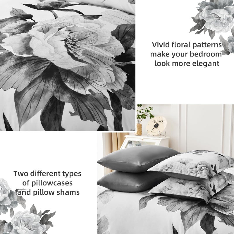 Dobuyly Grey Comforter Set King 7 Piece Bed in a Bag, Gray Floral Printed on White Comforter Set with Sheets, Soft Microfiber Botanical Farmhouse Bedding Set for All Season - Image 5