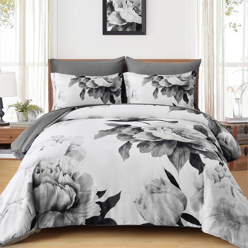Dobuyly Grey Comforter Set King 7 Piece Bed in a Bag, Gray Floral Printed on White Comforter Set with Sheets, Soft Microfiber Botanical Farmhouse Bedding Set for All Season - Image 1