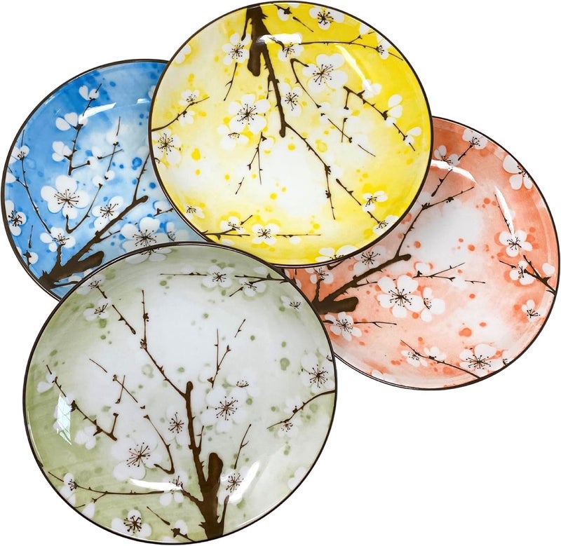 TJ Global Set of 4 Japanese Pottery Ceramic 7 Inch Plates for Any Meal and Any Dish Japanese Dinnerware and Tableware Comes in Assorted Colors with Cherry Blossom Design - Image 3