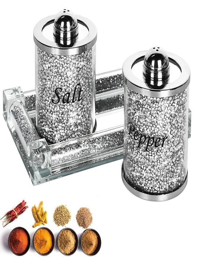 TOPSKY Crystal Salt and Pepper Shakers Set with Tray,Sparkly Crystal Crushed Diamond House Decor for Kitchen,Bling Salt Pepper Jar Container Pot for Countertop,saleros para cocina elegantes,Silver - Image 1