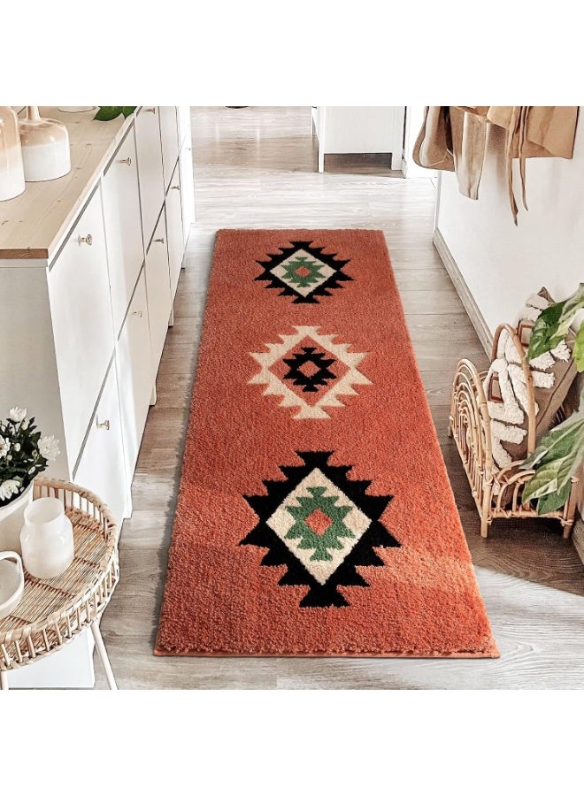Boho Geometric Fluffy Runner Rug, Soft Skin-Friendly Bedside Carpet for Bedroom Hallway Living Room Sofa, 60 x 160 cm - Image 1