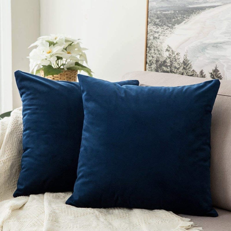 MIULEE Pack of 2 Velvet Soft Solid Decorative Square Throw Pillow Covers Set Cushion Case for Spring Sofa Bedroom Car 16x16 Inch 40x40 Cm Dark Blue - Image 1
