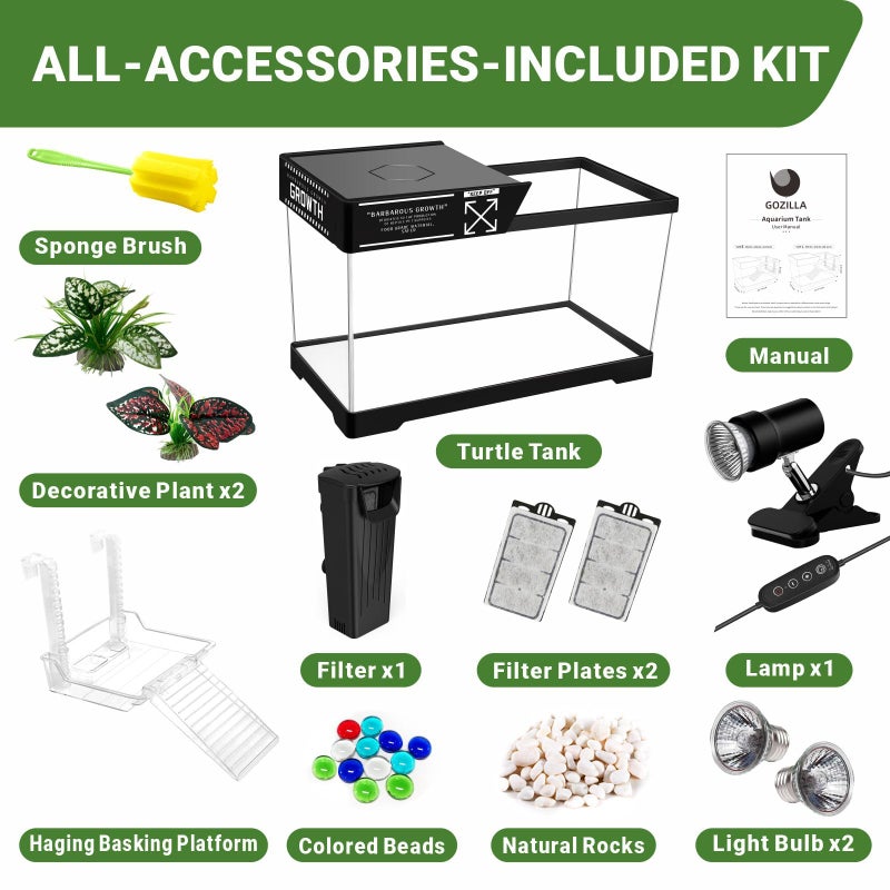 GOZILLA Aquatic Turtle Tank Kit+Lamp+Filter, Upgrade PC Turtle Tank Starter Kit with Adjustable Lamp & Filter,Reptile Habitat with Lid,Hanging Platform for Small Reptiles.(15.75Ã—7.9Ã—9''/Black Kit) - Image 3