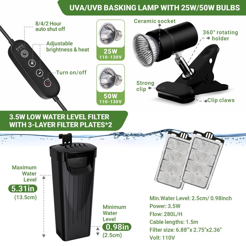 GOZILLA Aquatic Turtle Tank Kit+Lamp+Filter, Upgrade PC Turtle Tank Starter Kit with Adjustable Lamp & Filter,Reptile Habitat with Lid,Hanging Platform for Small Reptiles.(15.75Ã—7.9Ã—9''/Black Kit) - Image 4