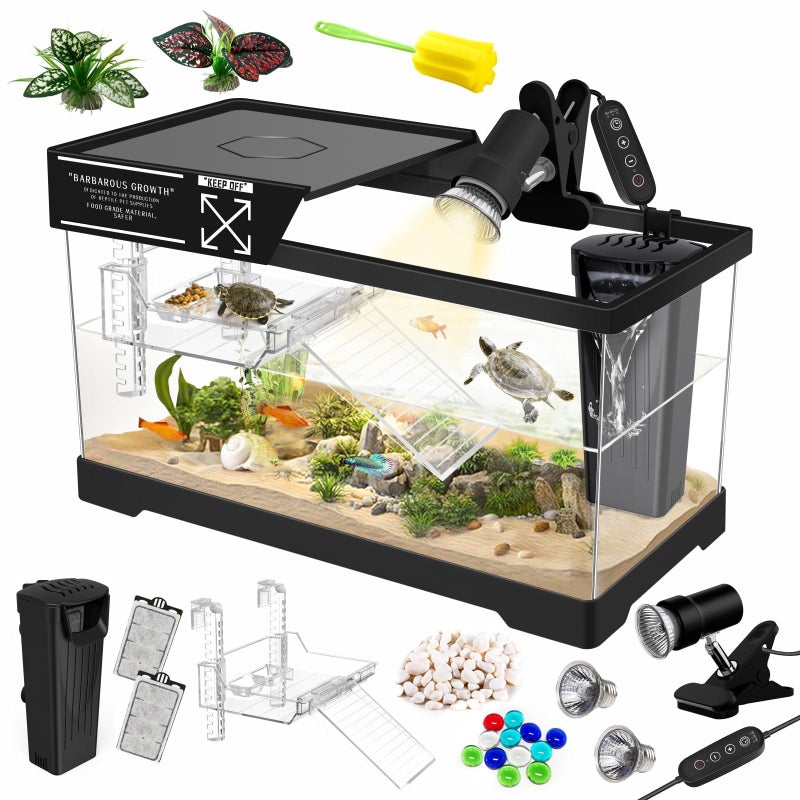 GOZILLA Aquatic Turtle Tank Kit+Lamp+Filter, Upgrade PC Turtle Tank Starter Kit with Adjustable Lamp & Filter,Reptile Habitat with Lid,Hanging Platform for Small Reptiles.(15.75Ã—7.9Ã—9''/Black Kit) - Image 1