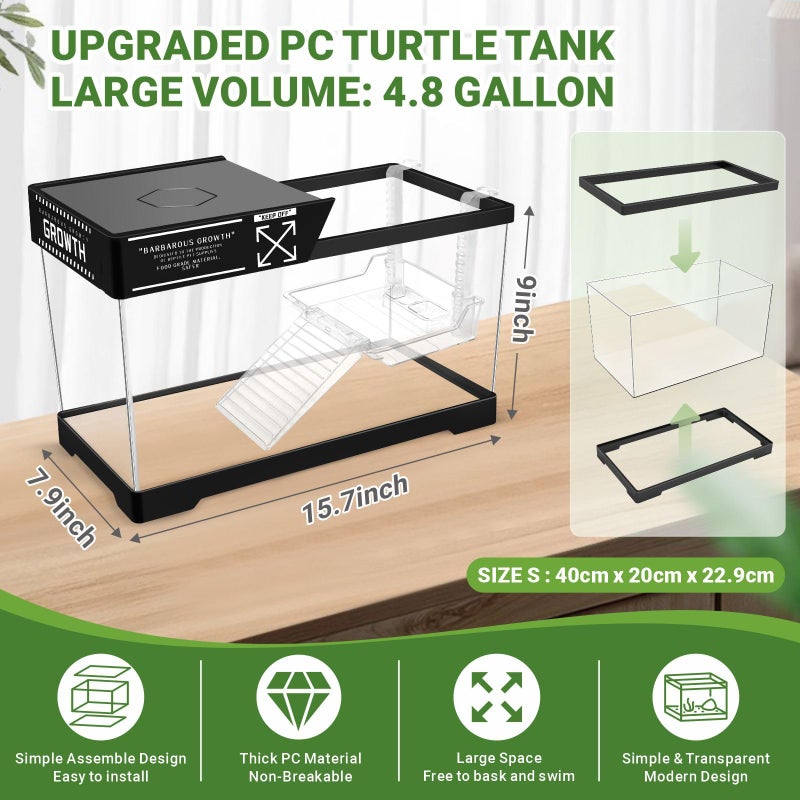 GOZILLA Aquatic Turtle Tank Kit+Lamp+Filter, Upgrade PC Turtle Tank Starter Kit with Adjustable Lamp & Filter,Reptile Habitat with Lid,Hanging Platform for Small Reptiles.(15.75Ã—7.9Ã—9''/Black Kit) - Image 2