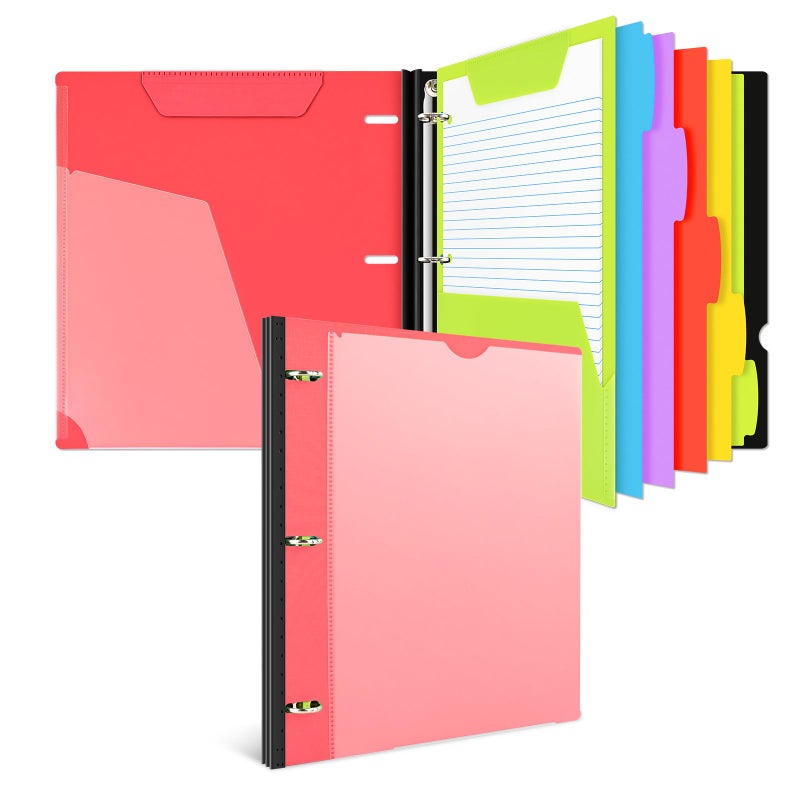 INFUN All-in-one Telescoping Binder Notebookï¼Œ3 Ring Notebook Binder with 1 Plastic Movable Pocket Folder,5 Plastic Subject dividers and Graph Paper and College Ruled Paper - Red - Image 1