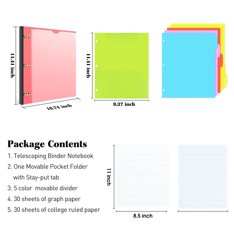 INFUN All-in-one Telescoping Binder Notebookï¼Œ3 Ring Notebook Binder with 1 Plastic Movable Pocket Folder,5 Plastic Subject dividers and Graph Paper and College Ruled Paper - Red - Image 2