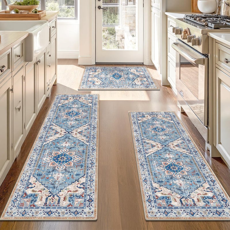 Yamaziot Boho Washable Kitchen Rugs Sets of 3, Non Slip Kitchen Mats for Floor with Rubber Backing, Waterproof & Stain Resistant Thick Carpet Runner Throw Rug for Kitchen, Laundry Room, Hallway - Image 1