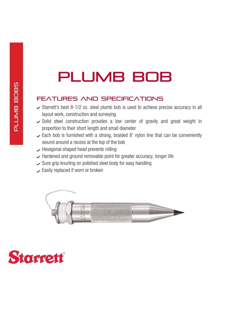 Starrett Starrett Solid Steel Plumb Bob with Strong Braided 8 Nylon Line for Layout Work Construction and Surveying  Hardened Steel Hexagonal Shaped 812oz  177C  - Image 2