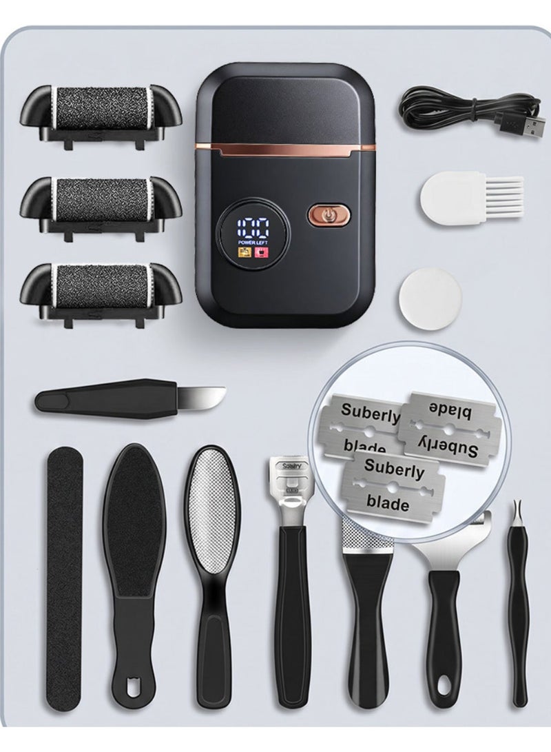 Rechargeable Electric Foot File 10-Piece Pedicure Set With Digital Display And 3 Roller Heads Black