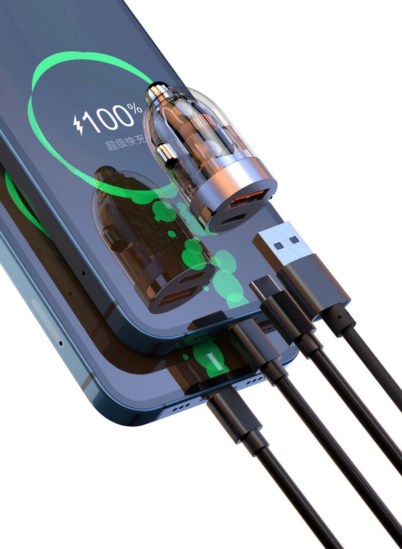 Fast Car Charger PD 30W QC 3.0 Power Adapter iPhone 15 Car Charger Fast Charging Samsung 25W Car USB Plug for Samsung, iPhone, iPad Pro/Air, Huawei, Oneplus, Xiaomi, etc Transparent - Image 4