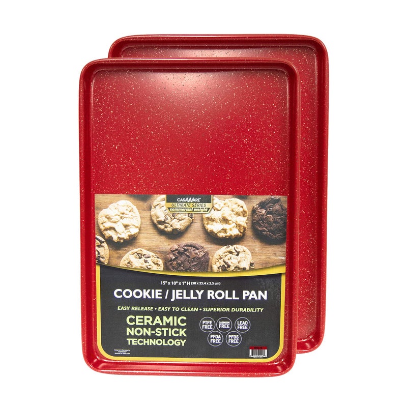 casaWare 2pc Ultimate Commercial Weight 15 x 10 x 1Inch Cookie Sheet Set Red Granite