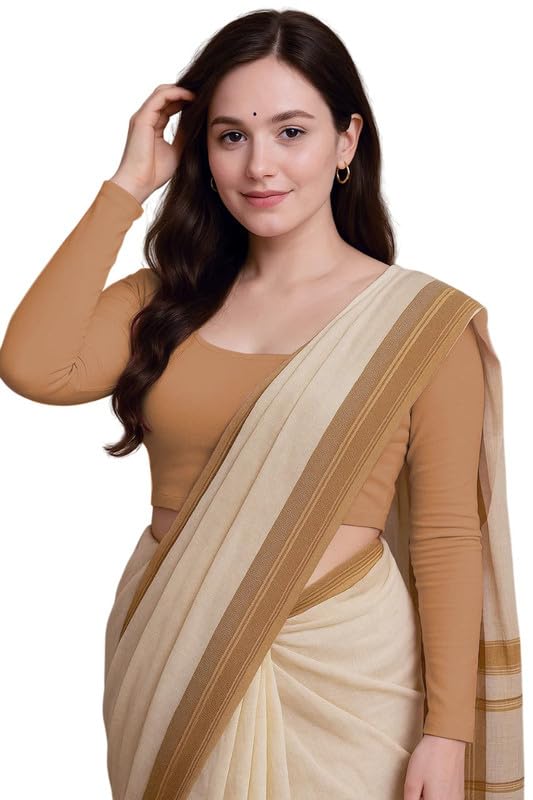 JOVO Readymade Cotton Fitted Saree Blouse for Women Full Sleeve Square Round U Neck Regular fit Stretchable Pullon Western Stylish Crop Top NJ17 1059 M Beg Beige - Image 1