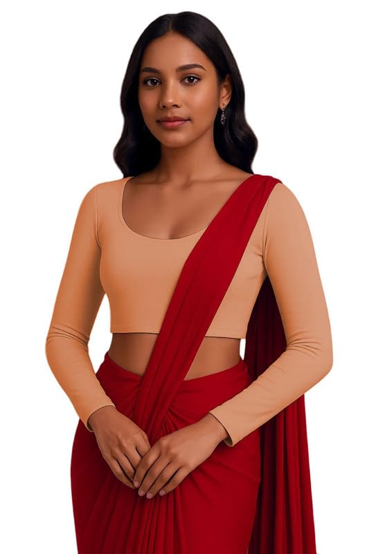JOVO Readymade Cotton Fitted Saree Blouse for Women Full Sleeve Square Round U Neck Regular fit Stretchable Pullon Western Stylish Crop Top NJ17 1059 M Beg Beige - Image 3