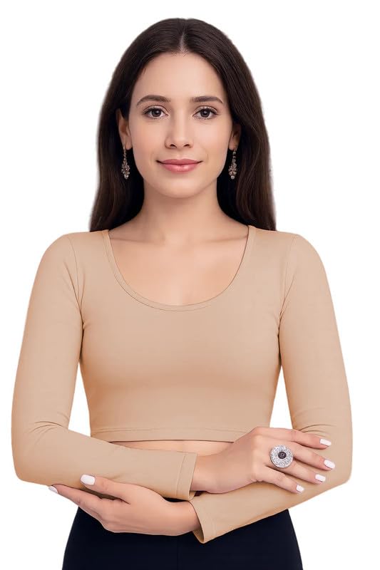 JOVO Readymade Cotton Fitted Saree Blouse for Women Full Sleeve Square Round U Neck Regular fit Stretchable Pullon Western Stylish Crop Top NJ17 1059 M Beg Beige - Image 4