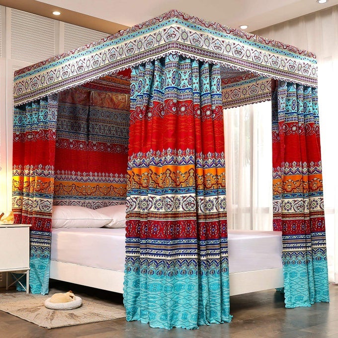 BOHEMIAN 4 CORNER POST BED CURTAIN CANOPY BED CURTAIN DRAPES FOR ADULTS GIRLS QUEEN STYLEA