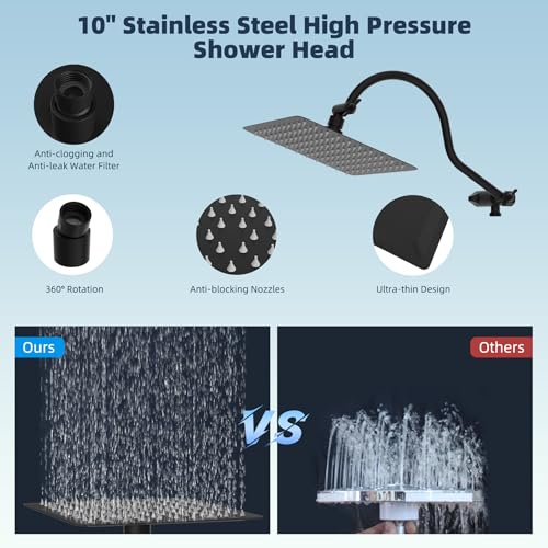 Hibbent All Metal High Pressure Rainfall 10 Inch Shower Head/Handheld Showerhead Combo/ 12 Inch Adjustable Curved Shower Extension Arm, 10-Spray, 71-inch Hose, Adhesive Showerhead Holder, Matte Black - Image 4