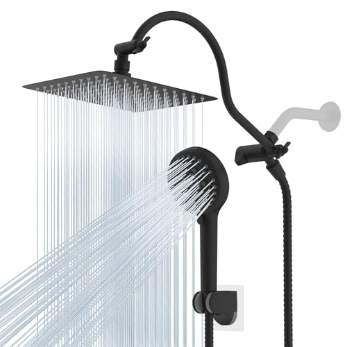 Hibbent All Metal High Pressure Rainfall 10 Inch Shower Head/Handheld Showerhead Combo/ 12 Inch Adjustable Curved Shower Extension Arm, 10-Spray, 71-inch Hose, Adhesive Showerhead Holder, Matte Black - Image 1