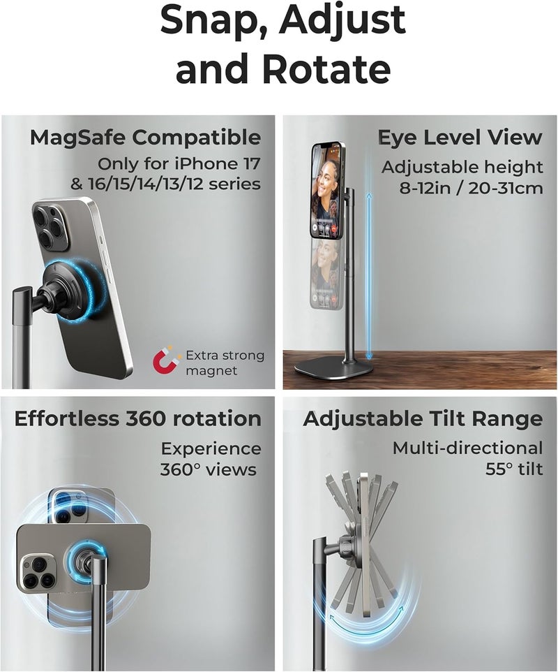 cooper MagStand - Adjustable Magnetic iPhone Stand for Desk & Phone Holder for Video Recording, Compatible with MagSafe, Stand for iPhone 17 Pro Max, 16-12, Small Mag Safe Tripod (Night Black) - Image 3