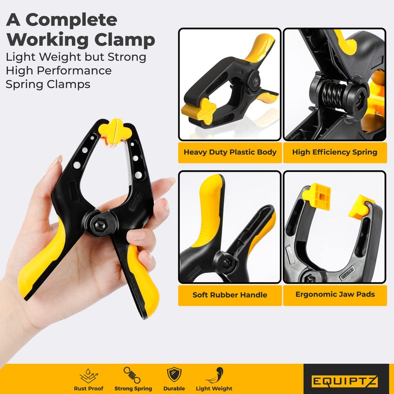 EQUIPTZ 6 inch Spring Clamps Heavy Duty - 4 Pack Large Plastic Clamps for Woodworking, Crafts, Backdrop and Pool Cover with 3 inch Mouth Opening - Rust Free Spring Clips with Non-Detachable Jaw Pads - Image 2