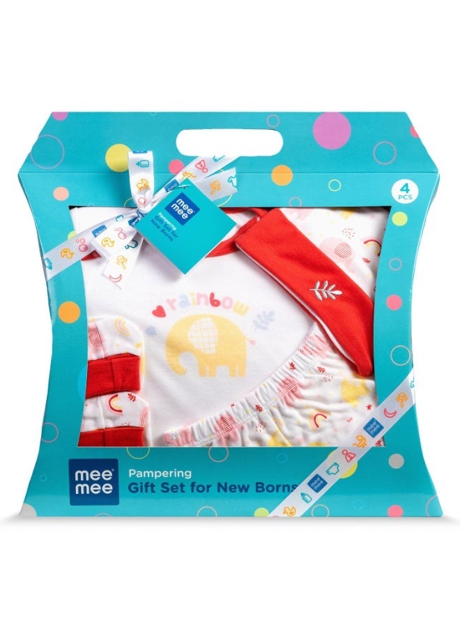 Mee Mee New Born Baby Gift Set | Soft Cotton Clothing Essentials for Infants/Baby Girls, Boys | Baby Shower Clothing Hamper (4 Pieces, Red)| Ideal Gift for New Born Baby - Image 1