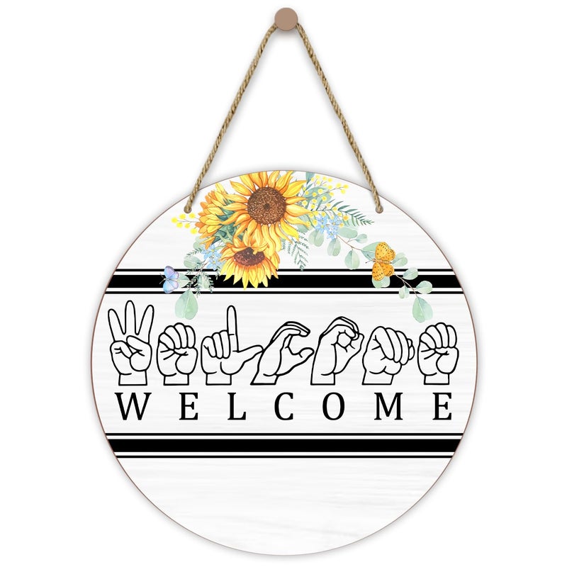 ltazhyi Wood Wall Hanging Sign Plaque Gift, Welcome Wooden Round Sign with Twine Floral Sign Language Decor, Door Home Living Room Shelf Porch Spring Summer Party Holiday Decoration Supplies - 10 - Image 1