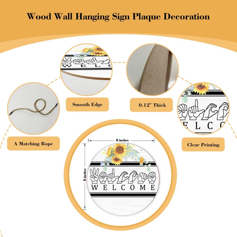ltazhyi Wood Wall Hanging Sign Plaque Gift, Welcome Wooden Round Sign with Twine Floral Sign Language Decor, Door Home Living Room Shelf Porch Spring Summer Party Holiday Decoration Supplies - 10 - Image 2